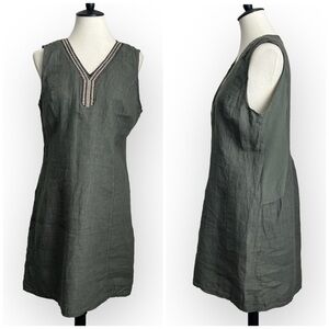 Lina Tomei Sleeveless Linen Dress Summer Italy Beaded Trim Ribbed Sides Sz L NEW